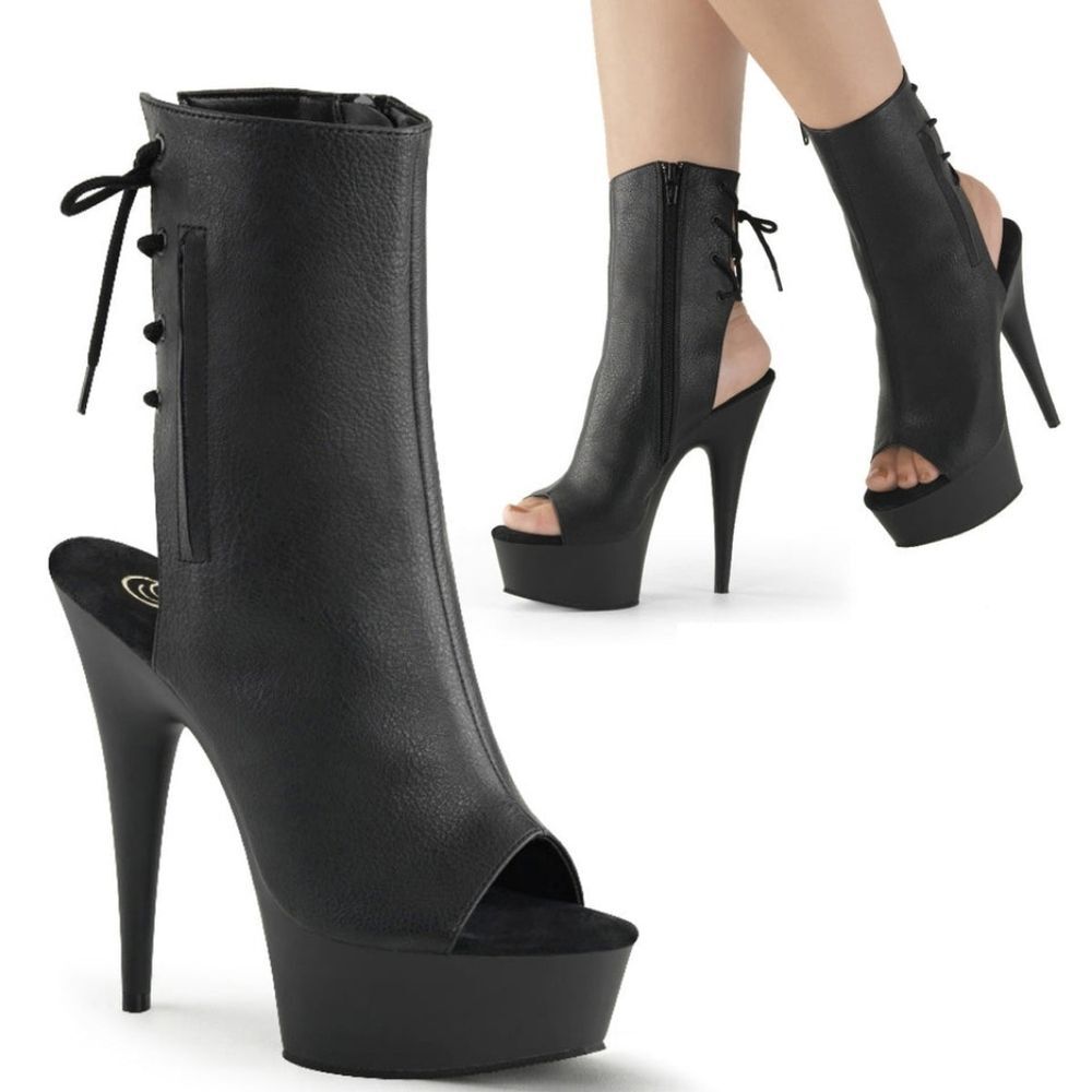 Pleaser Delight-1018 Platform Ankle Boots Black Vegan Leather Open Toe Heel 11